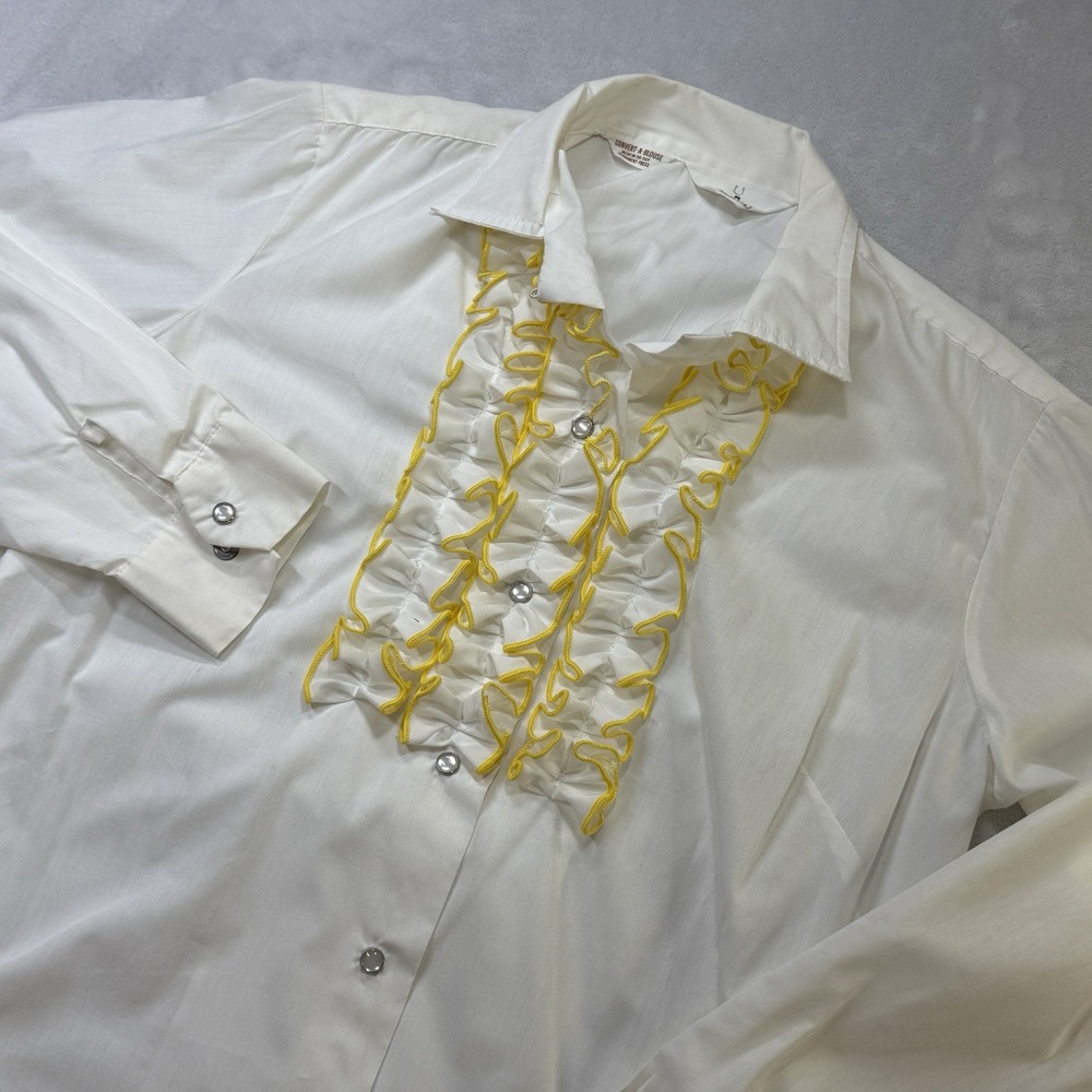 Vintage 70s Trail Ridge Western Ruffle Blouse White Yellow Button Shirt